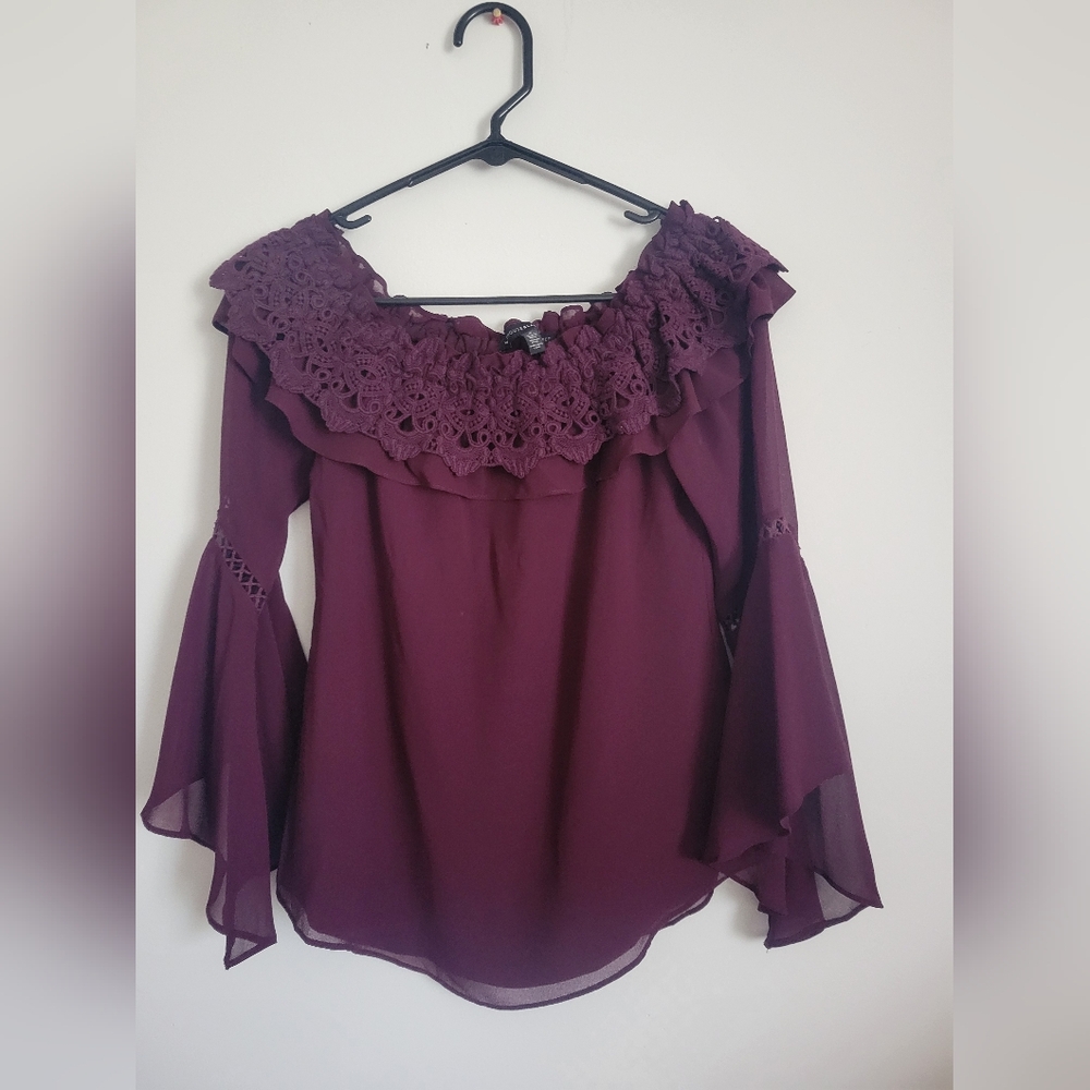 Whimsigoth White House Black Market Burgundy Flutter Sleeve Blouse